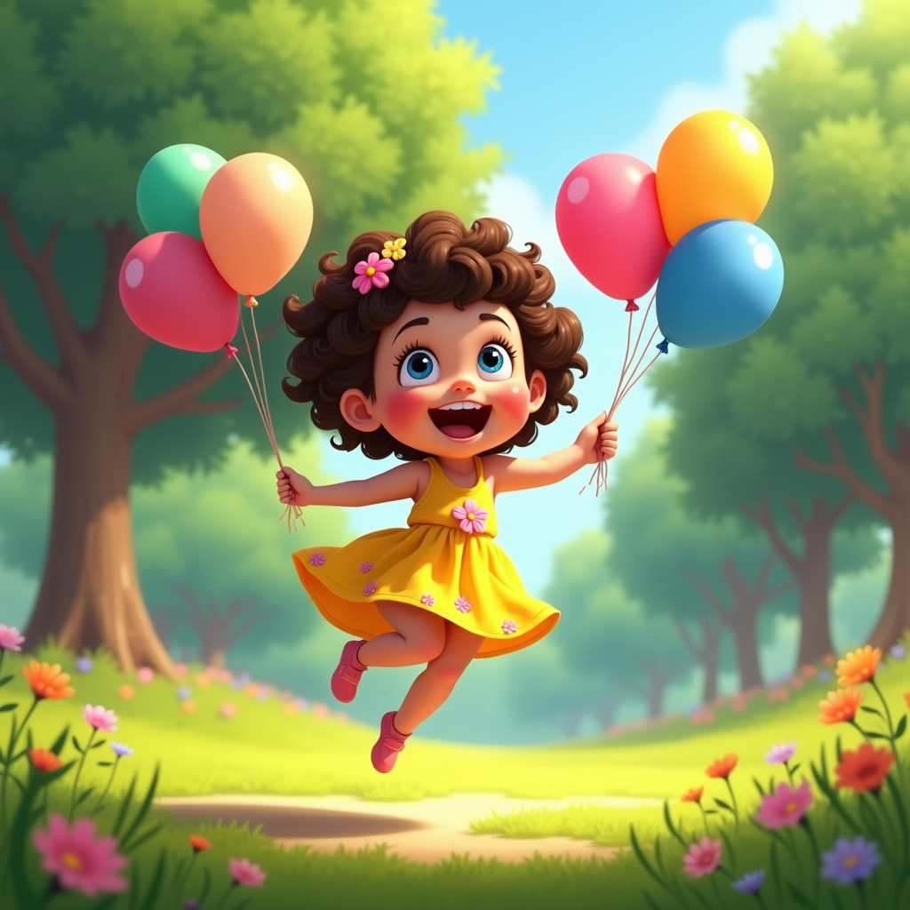  a young girl with curly brown hair and blue eyes, wearing a yellow dress with pink flowers on it. She is holding a bunch of colorful balloons in her hands and is in mid-air, with a big smile on her face. The background is a park or garden with trees and flowers. The sky is blue and the grass is green, suggesting that it is a sunny day. The girl appears to be happy and carefree.