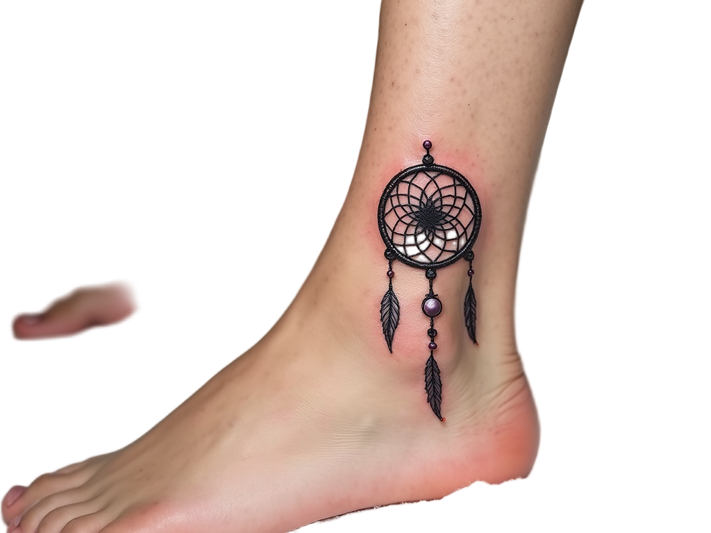 A miniature dreamcatcher tattoo on the ankle, replete with fine details and suspended beads, offering protection and weaving dreams delicately.