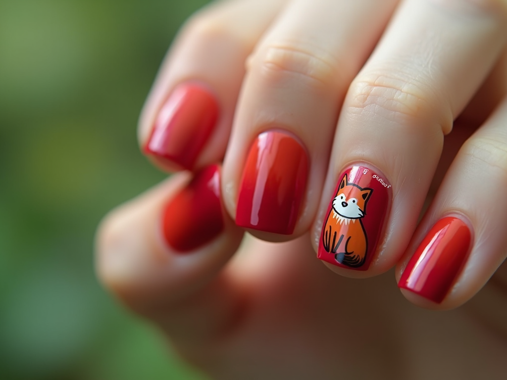 A sophisticated set of nails in gradient shades from scarlet to auburn, with cute fox illustrations for a woodland touch.