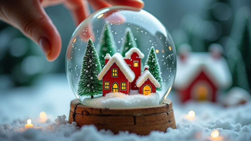 A whimsical snow globe featuring a miniature Christmas village scene. Inside, tiny homes with colored roofs are amidst evergreen trees, and delicate snowflakes swirl around, creating a magical, frosty world. As the hand turns the globe, the village comes to life, reflecting the wonder and imagination of the season.