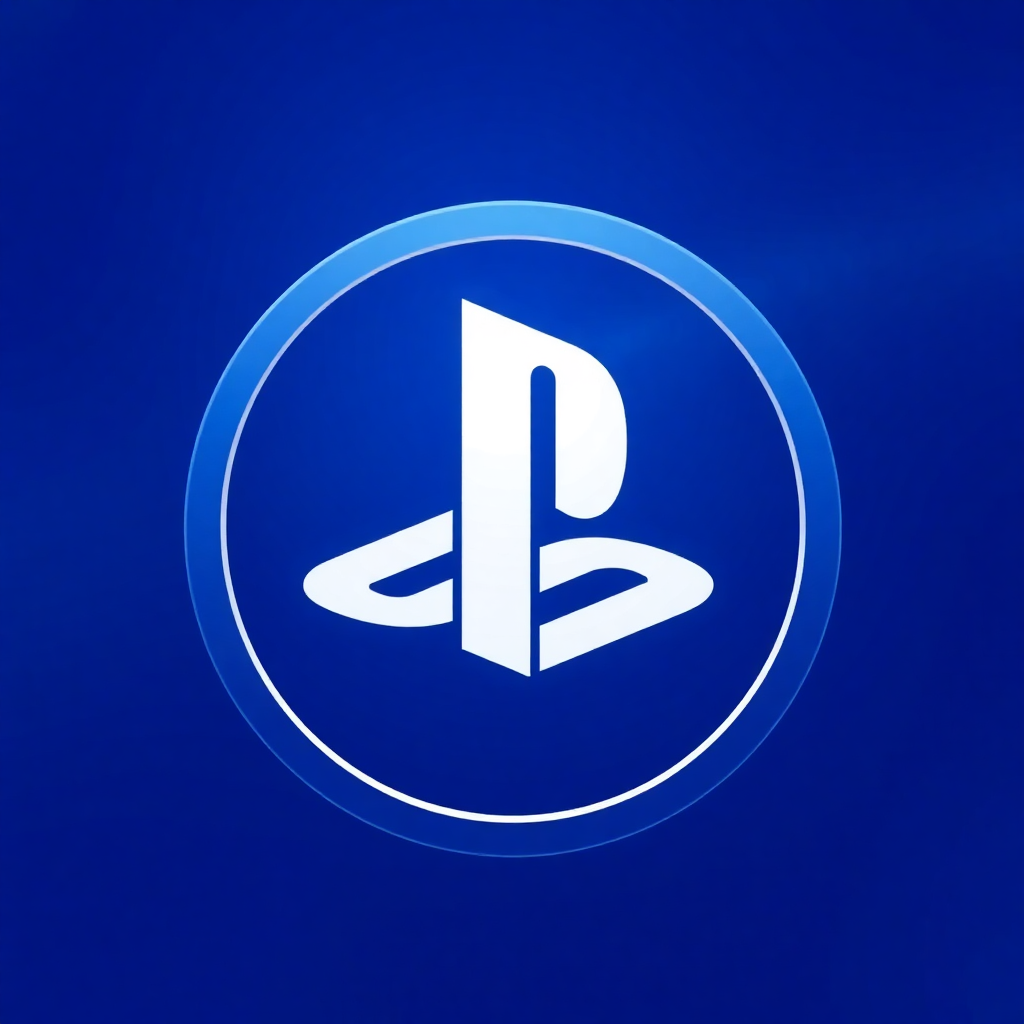 The image is a blue circle with a white PlayStation logo in the center. The logo is a stylized letter P in the middle, which is the iconic symbol of the video game console. The circle is slightly tilted to the right, creating a sense of depth and dimension. The background is a solid blue color, making the logo stand out. The overall design is simple and minimalistic.