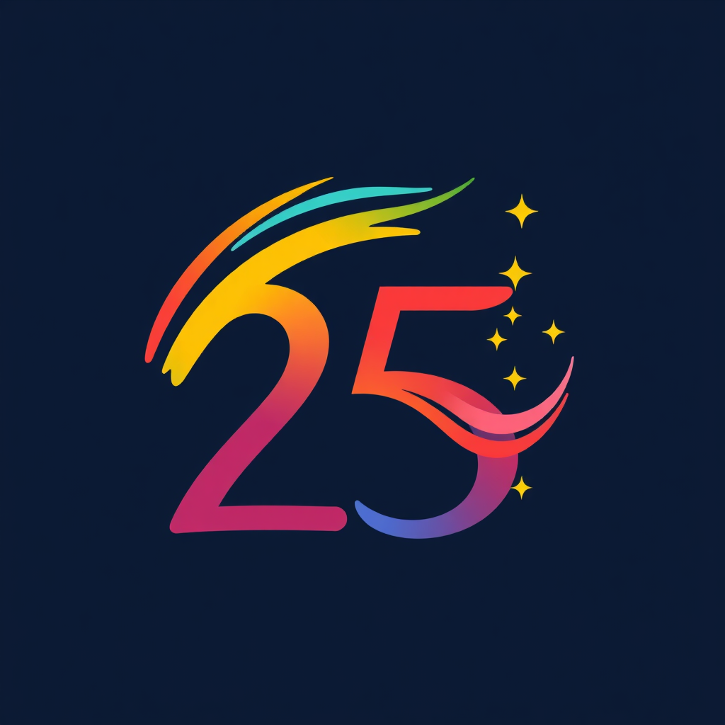 Simple Logo Concept: A stylized '25' formed from dynamic, flowing rainbow strokes with an upward trajectory symbolizing momentum. Small, bright accents like sparks or abstract joyful shapes signify merriment.
