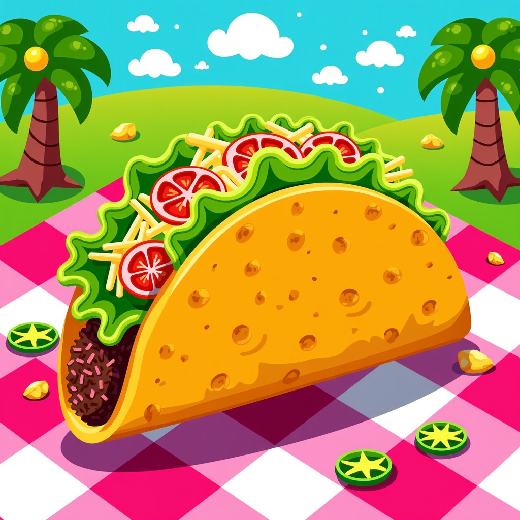 The image is an illustration of a taco on a pink and white checkered tablecloth. The taco is in the center of the image and is filled with a variety of ingredients, including lettuce, tomatoes, cheese, and other toppings. There are two palm trees on either side of the taco and a blue sky with white clouds in the background. The tablecloth is spread out on a grassy field with a few scattered corn kernels. The overall color scheme of the illustration is bright and cheerful.