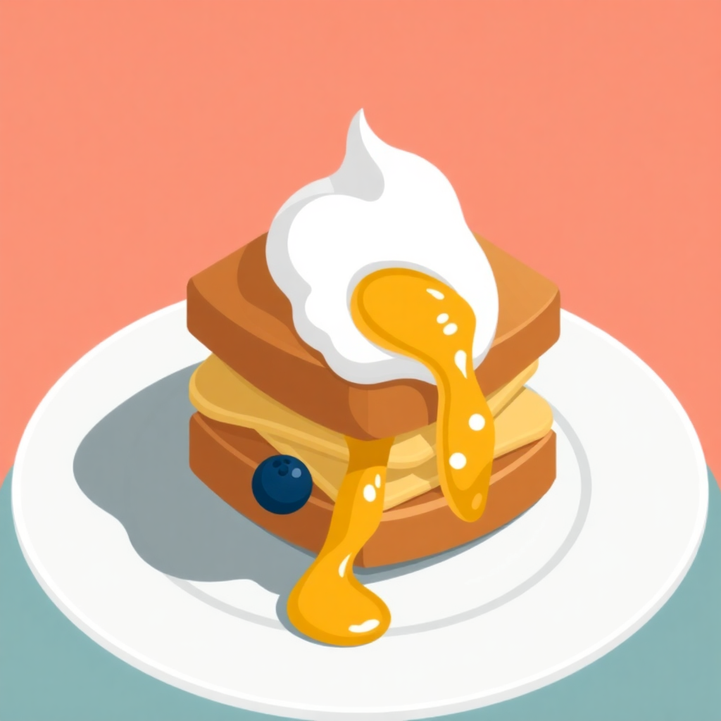 The image is an illustration of a stack of pancakes on a white plate. The pancakes are golden brown and appear to be freshly made. On top of the pancakes, there is a dollop of whipped cream and a drizzle of honey. There are also two blueberries on the plate, one on each side of the stack. The background is a light peach color. The overall style of the illustration is flat and cartoon-like.