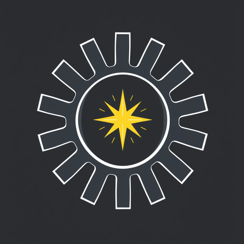 Sub-Design Idea 4 (Fragmented Gear, Core Spark): The gear is depicted as incomplete or formed from distinct segments converging around a bright, central spark. This symbolizes the building process of startups and the power of the core idea.