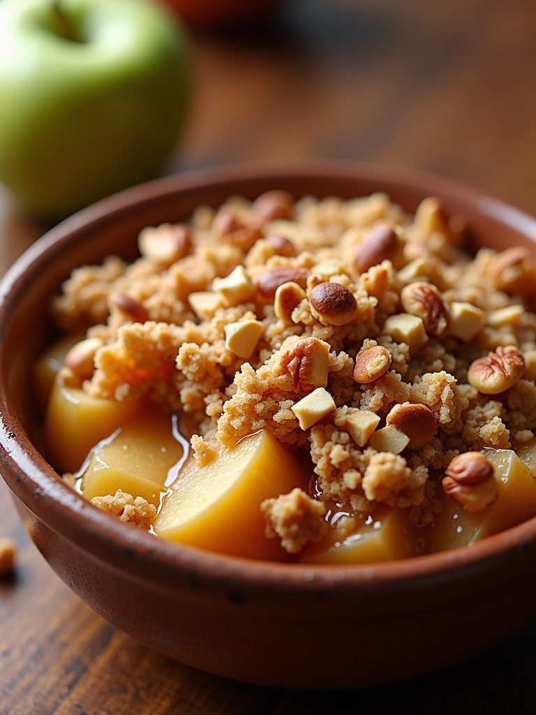 Apple crisp with a sprinkle of chopped nuts.