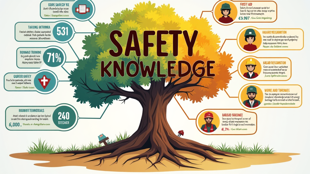 An infographic style poster illustrating a 'Safety Knowledge Tree'. The roots represent foundational training, the trunk 'Core Safety Principles', and branches depict specific skills learned (e.g., First Aid, PPE Use, Hazard Recognition). Leaves could be testimonials or safety stats.