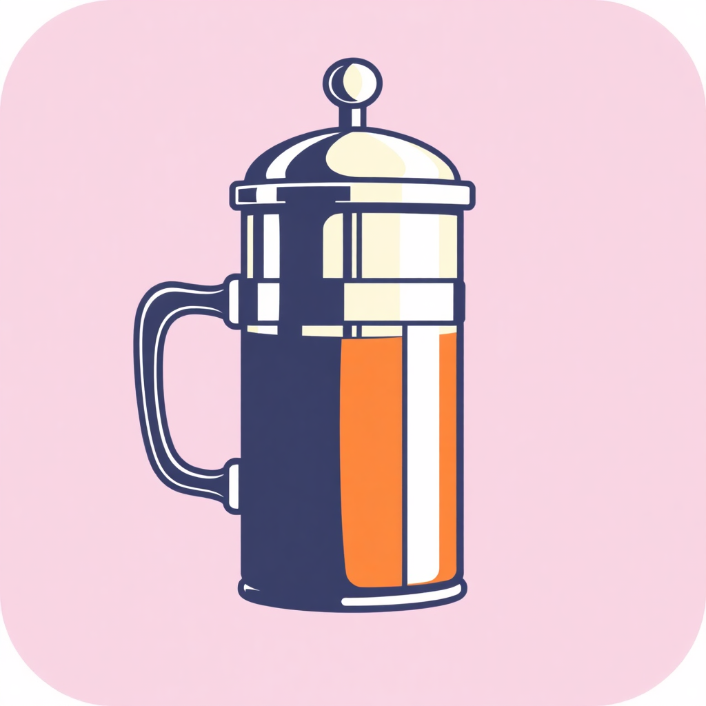 The image is an illustration of a French press coffee maker. It is a tall, cylindrical glass jar with a handle on one side and a spout on the other. The jar is painted in a combination of blue, orange, and white colors. The lid of the jar is silver and has a small knob on top. The background is a light pink color. The overall style of the illustration is simple and minimalistic.