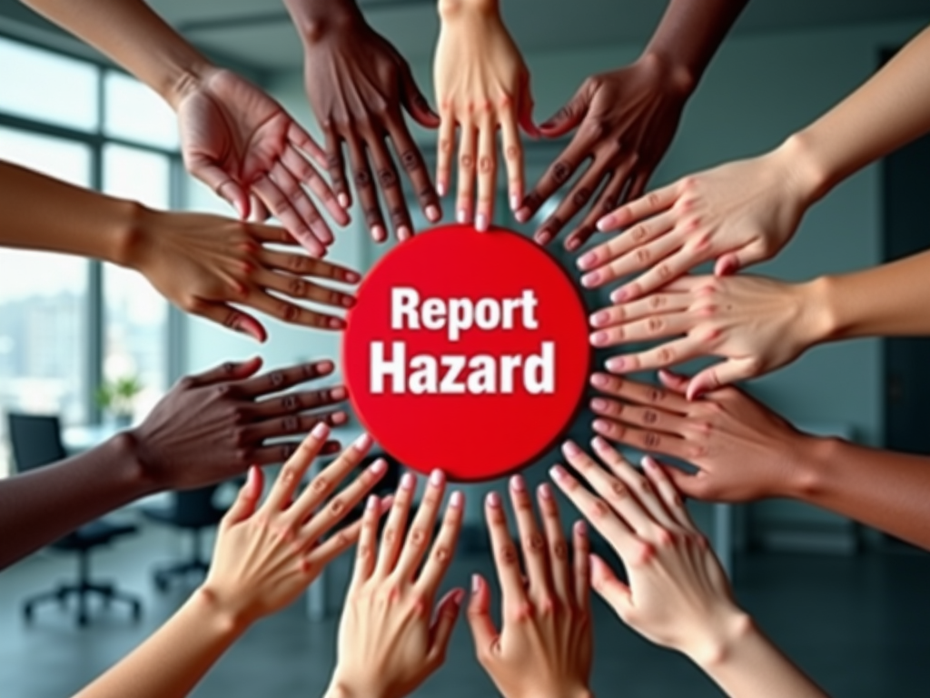 Idea 3: Show diverse hands reaching towards a central 'Report Hazard' button or icon, symbolizing collective responsibility and ease of reporting. Text: 'See It? Report It. Together We Build a Safer Workspace.'