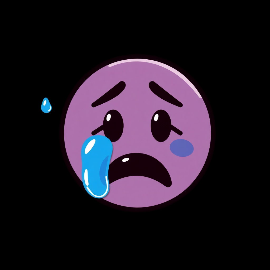 The image shows a purple smiley face with a sad expression, tears streaming down its cheeks, against a black background.