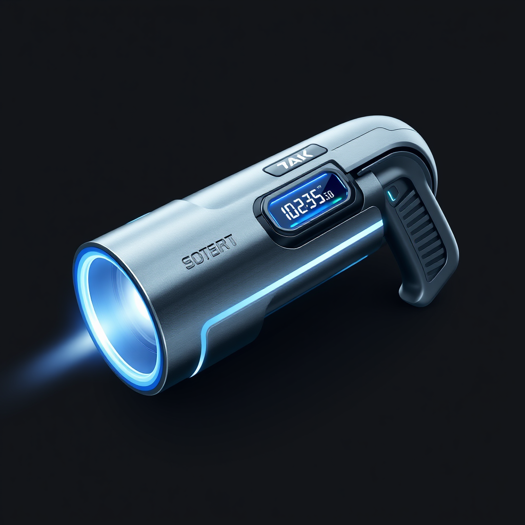 A sleek, cylindrical design with glowing LED accents, perhaps with a digital display indicating pressure levels. The handle could be ergonomic and futuristic, made of a brushed metal or a translucent material.