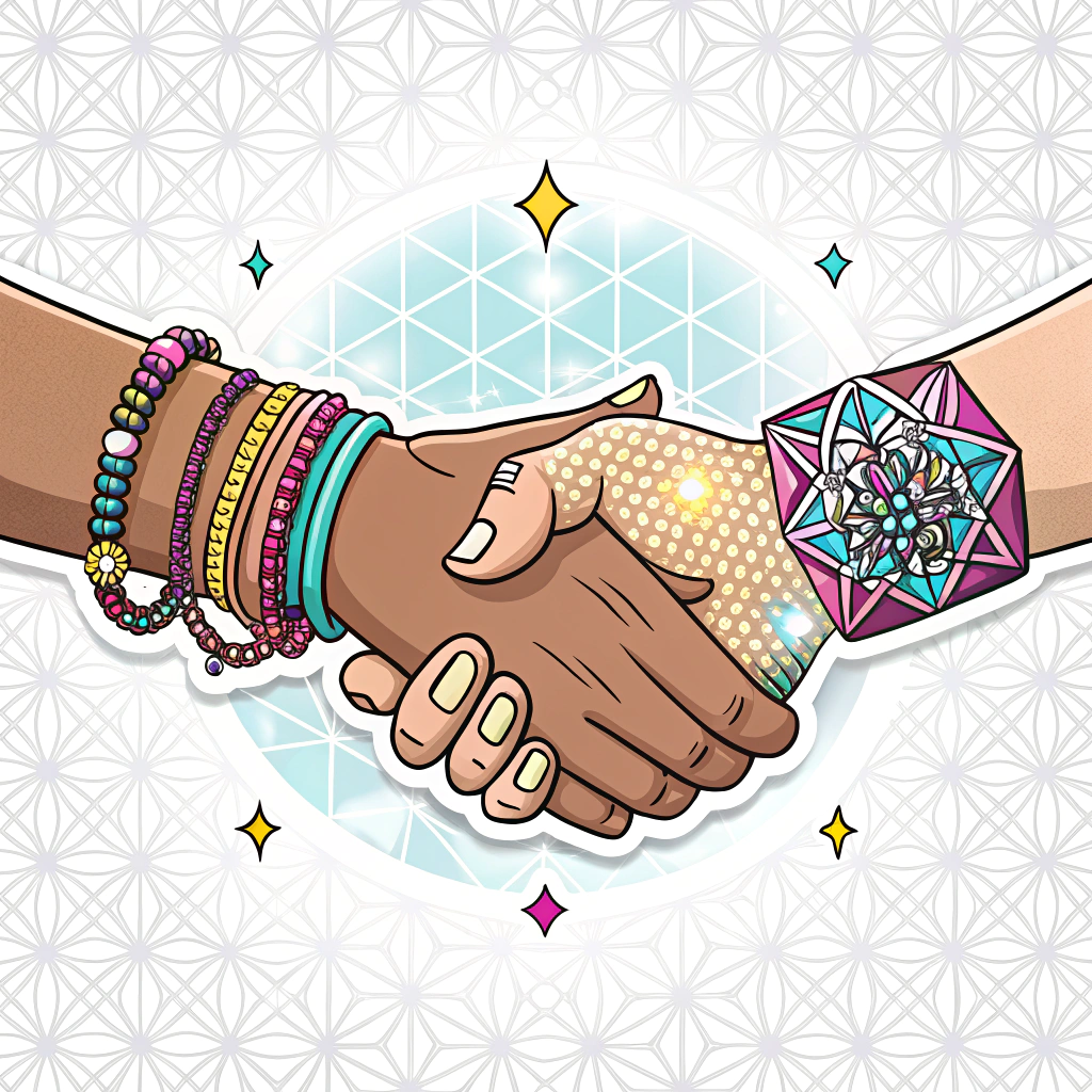 A sticker depicting the moment of a Kandi exchange: two hands meeting, one passing a vibrant, detailed Kandi bracelet to the other. Sparkles or a slight glow effect could highlight the point of connection. The background could be a subtle geometric pattern inspired by EDC stages.