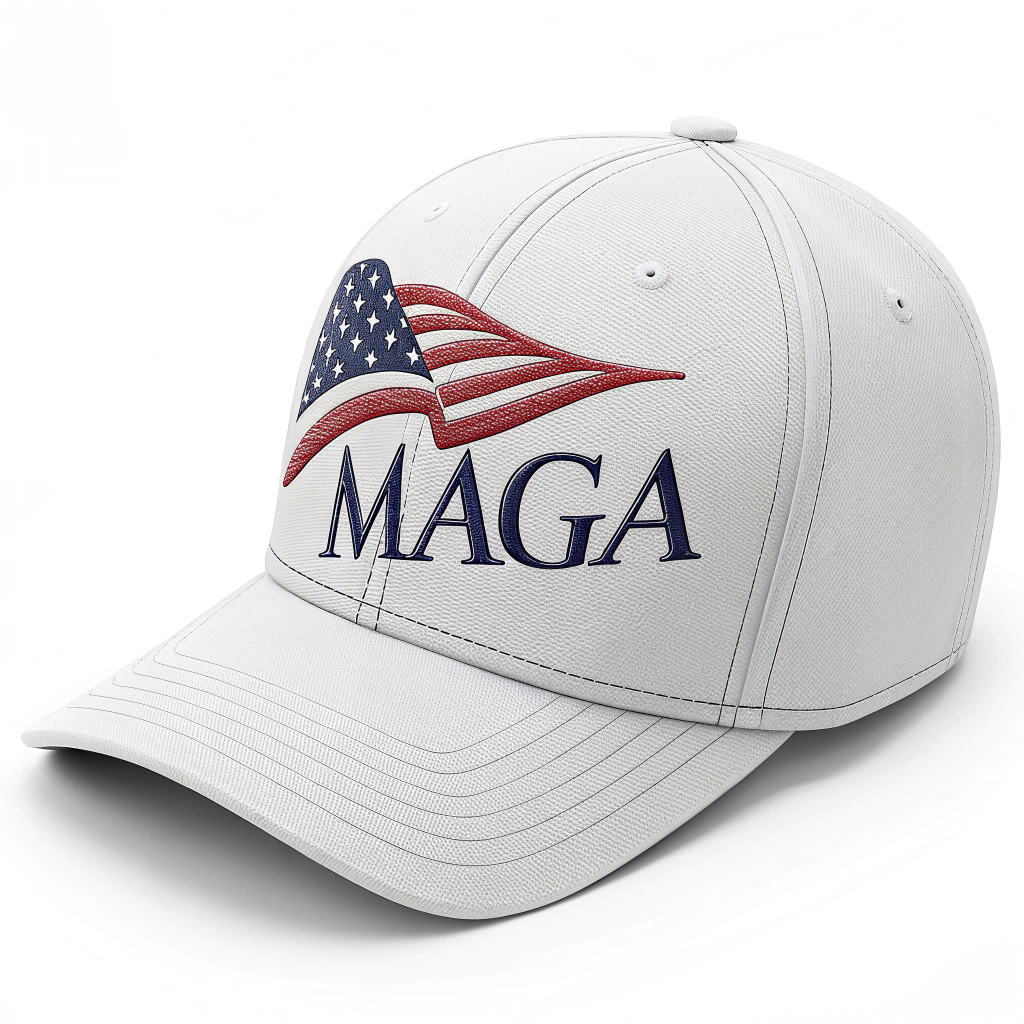 A sticker showcasing a close-up of the MAGA hat, with the text embroidered in a bold, recognizable font, perhaps with an American flag subtly integrated.