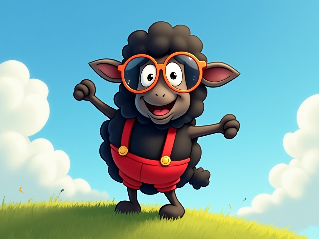 The image shows a cartoon black sheep wearing sunglasses and red overalls standing in a grassy field with a blue sky and white clouds in the background.