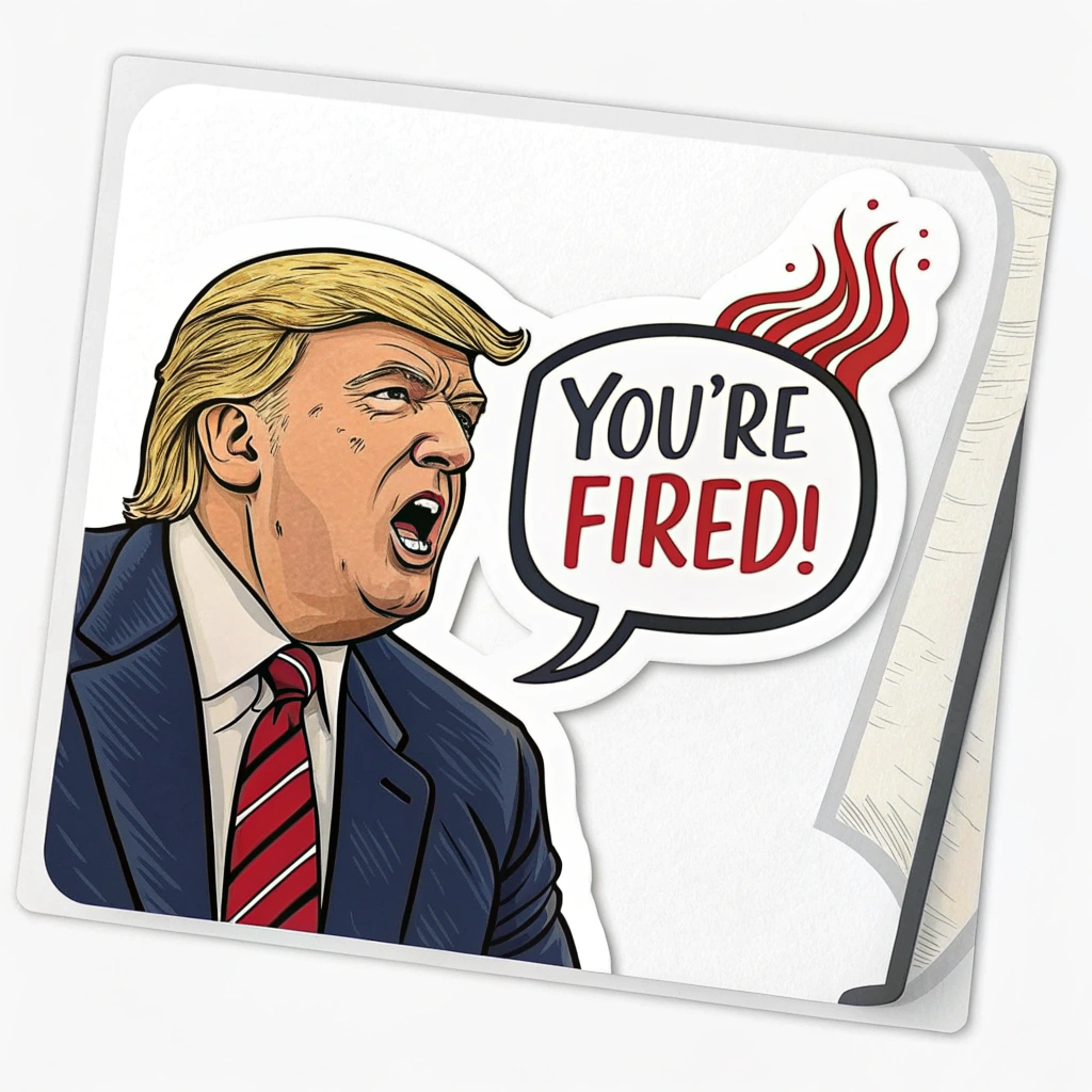 A humorous sticker showing Donald Trump with a speech bubble saying 'You're Fired!' or a similar memorable quote.