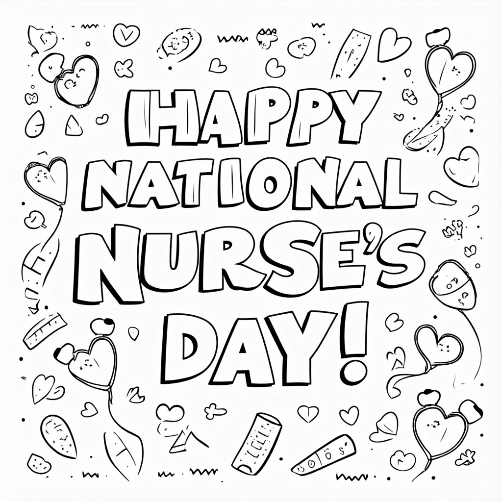 A large, celebratory banner with 'Happy National Nurse's Day!' in bold, chunky letters perfect for coloring. Below the banner, include various simplified medical icons like stethoscopes, hearts with a plus sign, and bandages scattered as decorative elements.