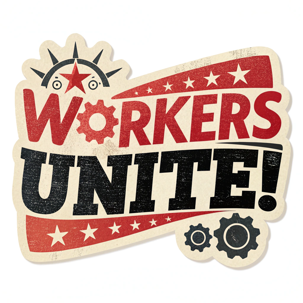 Design Idea 1: Classic Constructivist - 'Workers Unite!' in very bold sans-serif (possibly stencil or condensed), using a red, black, and off-white/cream palette. Incorporate subtle gear or star graphic elements with a dynamic, angled text layout.