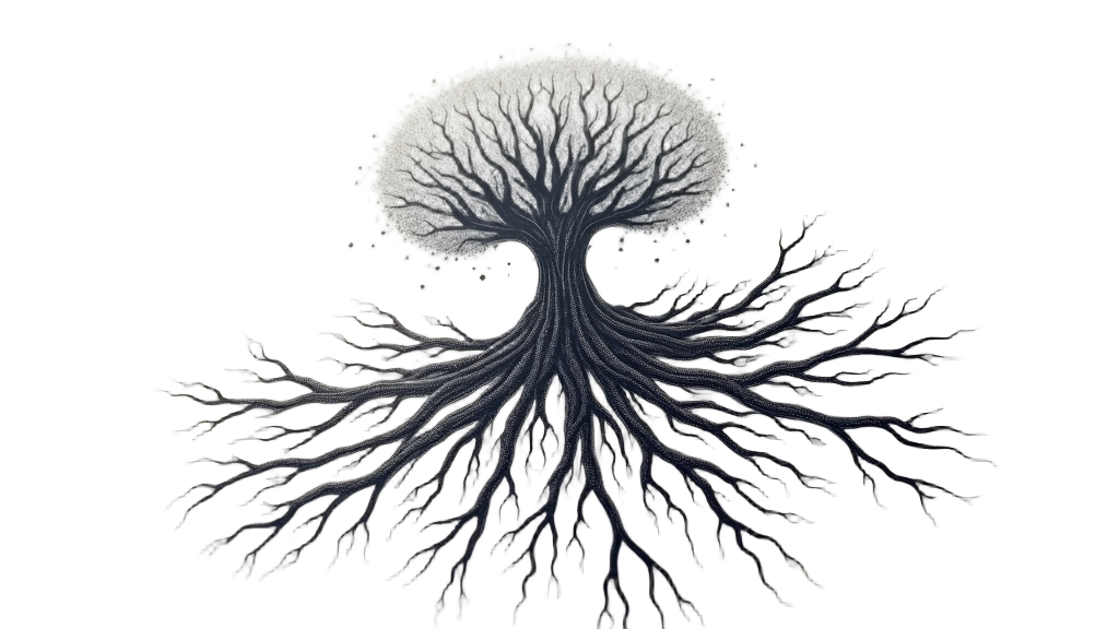 A design showing a root system or fungal mycelial network spreading, with the individual strands and hyphae clearly made up of binary code. This can represent growth, interconnectedness, and foundational AI intelligence.