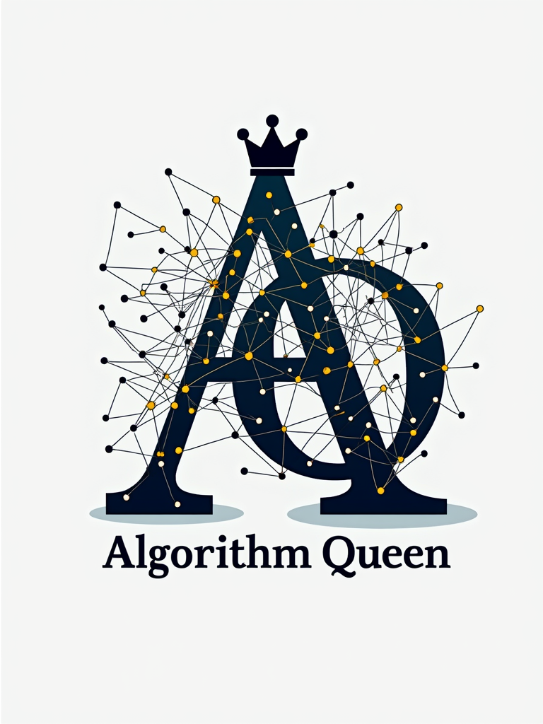 A design featuring 'AQ' (for Algorithm Queen) as a monogram, where the 'A' incorporates elements of a graph or tree structure, and the 'Q' has a small crown. The full text 'Algorithm Queen' can be smaller, underneath.
