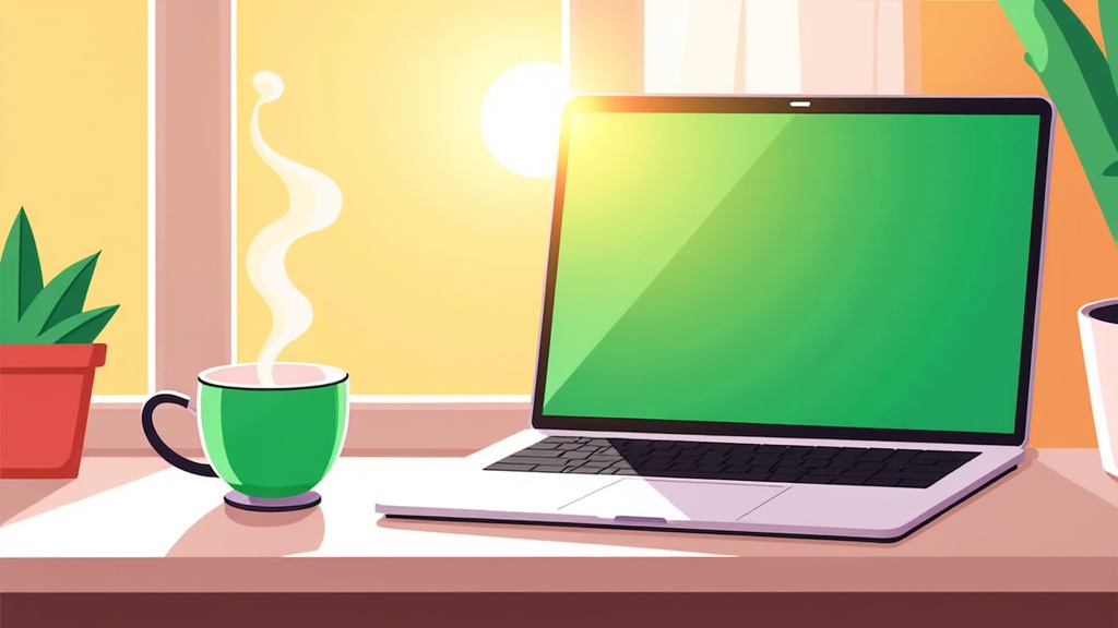 The reflective sheen of a flat design laptop catches the morning sun as it rests on a windowsill, a cup of green tea steaming beside it, ready for another productive day.