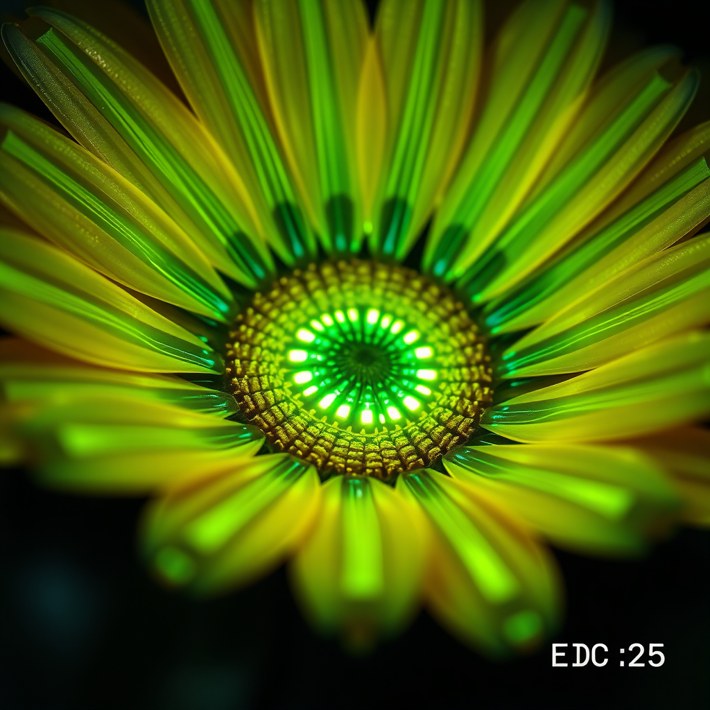 Techno-Organic Bloom: A close-up of a bioluminescent daisy where its petals and internal structures subtly reveal circuit-board-like traces or flowing lines of digital energy, glowing brightly. This emphasizes the 'Electric' aspect within the 'Nocturnal Garden'. 'EDC '25' features futuristic lettering integrated into these techno-patterns.