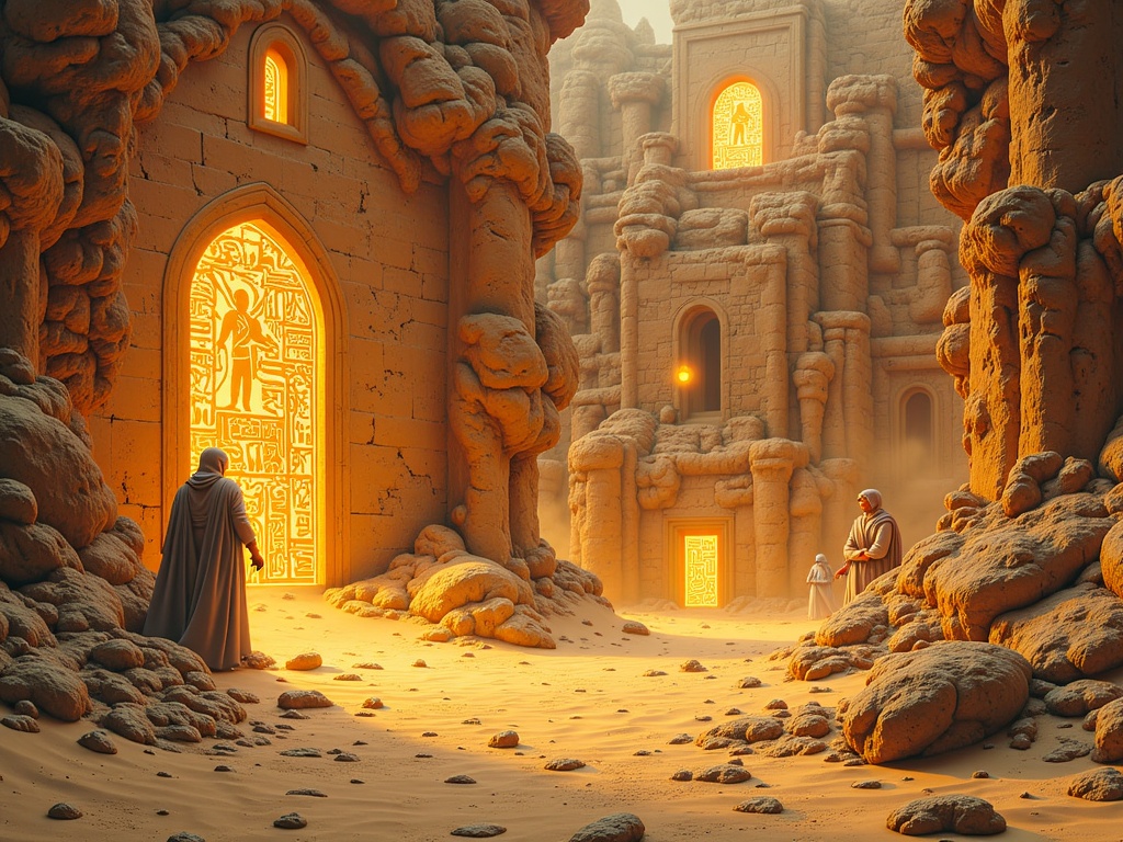 An ancient, sand-swallowed city slowly being unearthed by magical winds, revealing intricate, glowing hieroglyphs on its walls and spectral figures from its past.