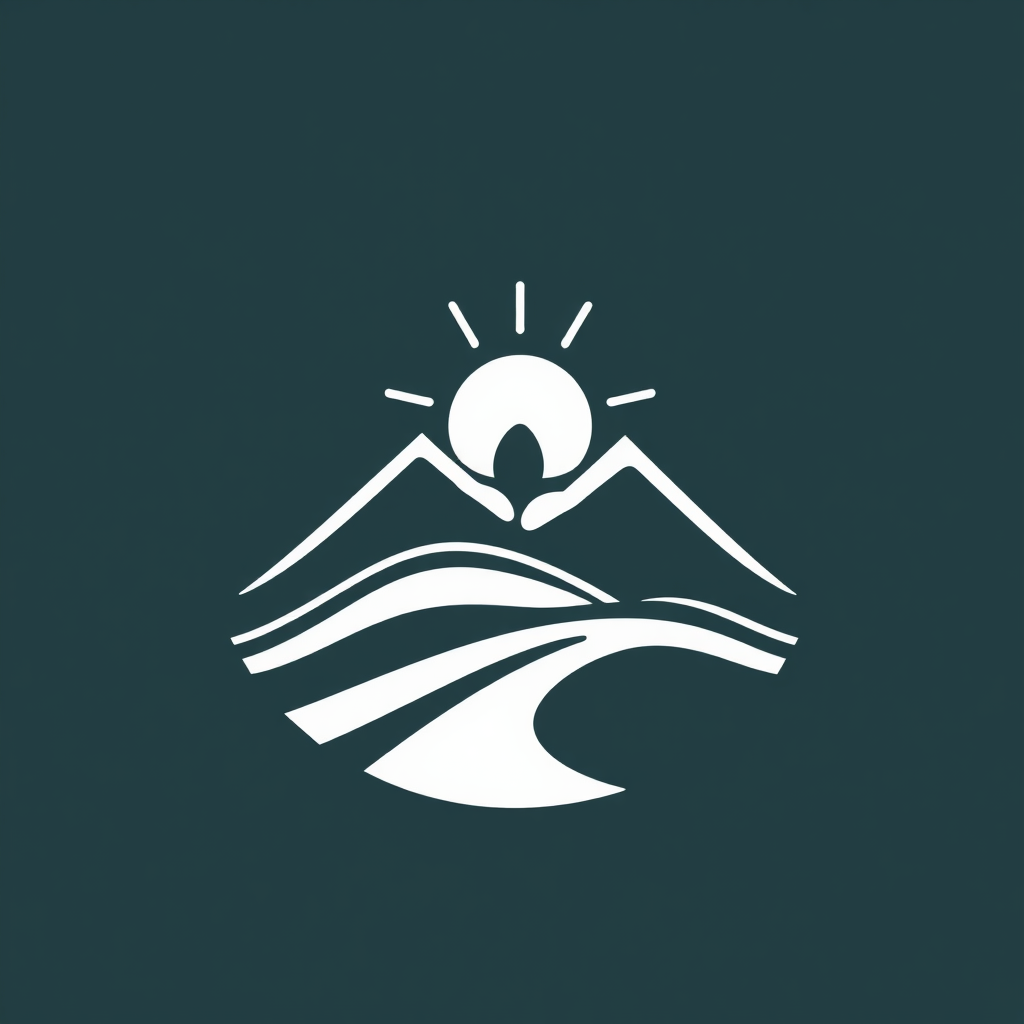 Sub-design Idea 4: An emblem-style logo showing a simplified outline of a mountain range or rolling hills with a rising sun, incorporating a small leaf or tree. This evokes natural landscapes and optimism.