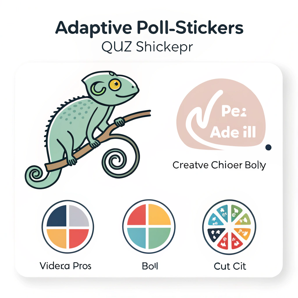 Theme-Adaptive Stickers: Offer poll/quiz stickers that visually adapt to video content or creator branding using pre-set themes (e.g., retro, cute) or basic color palette customization. Simple icon concept: A basic poll sticker icon adjacent to a chameleon or color palette symbol, signifying adaptability.
