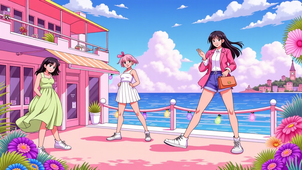 80s City Pop Album Art Homage: Designs mimicking Japanese City Pop album covers from the 1980s, featuring stylishly dressed characters (original or from classic anime) in romanticized urban or coastal settings, using a distinct aesthetic with pastels, neons, and smooth gradients.