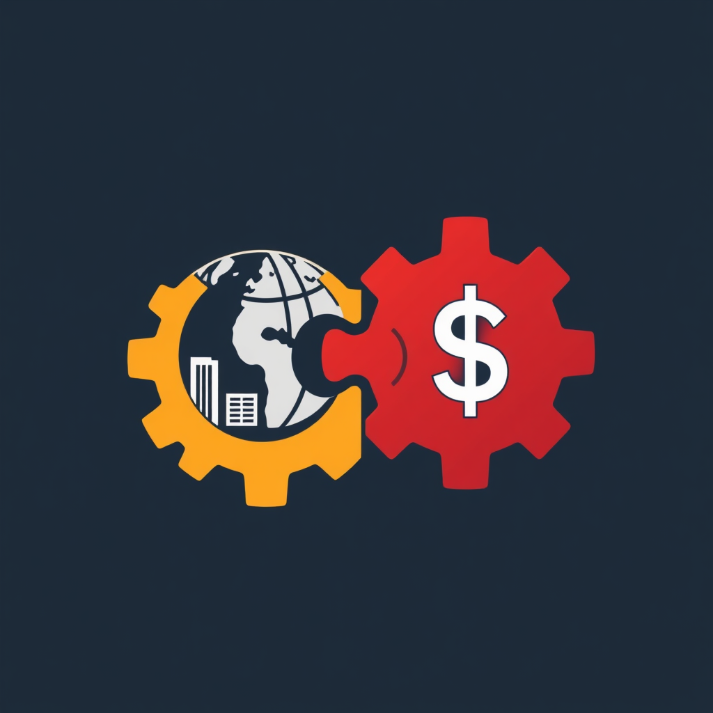 Interlocking gears or puzzle pieces, one representing global trade elements and the other finance/tariffs, forming an agreement.