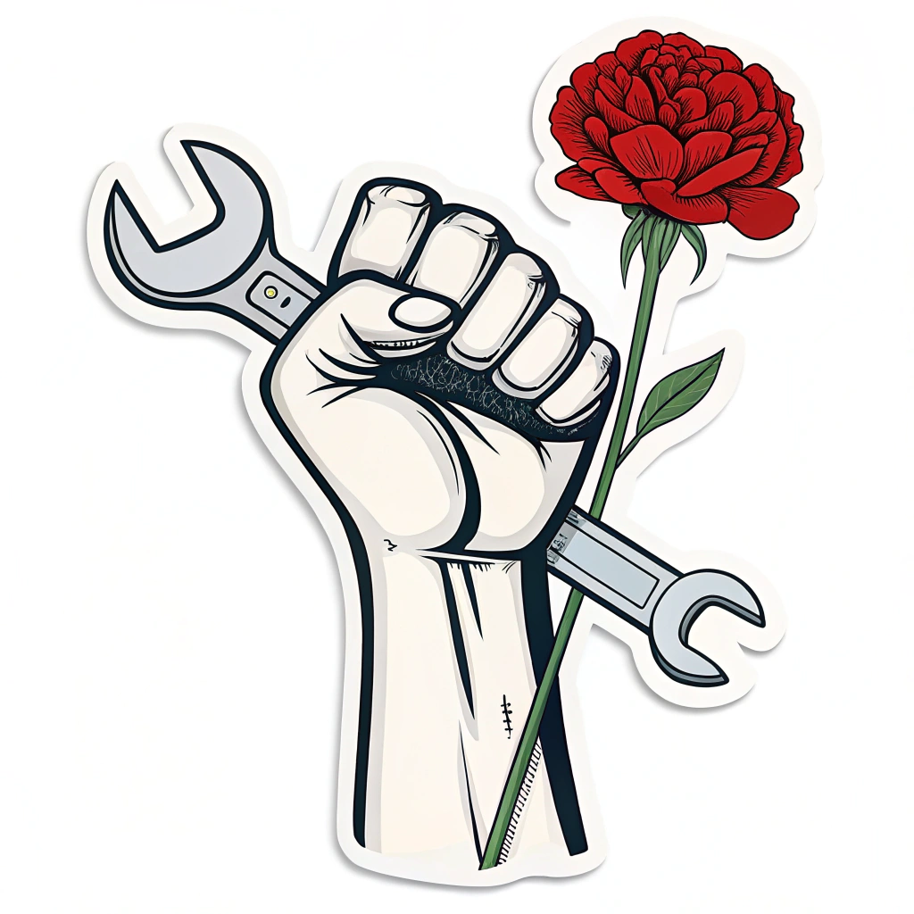 Design 4: A stylized raised fist holding a single red carnation or a simple tool (like a wrench), merging labor and protest symbols.