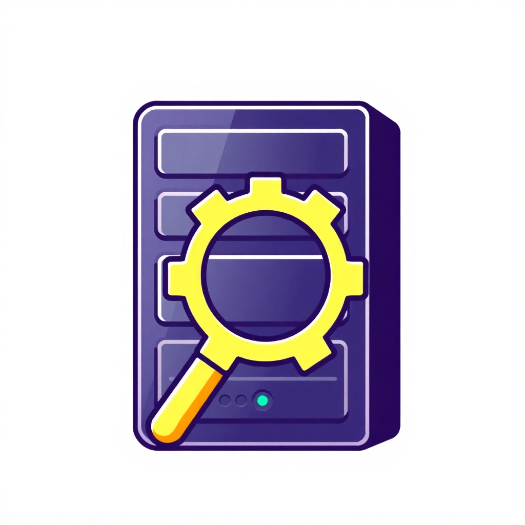 The image is a square icon with a purple background. In the center of the icon, there is a yellow magnifying glass with a gear-like design on it. The gear is in the shape of a circle and is placed on top of a computer keyboard. The keyboard has two buttons on the left side and a small green button on the right side. The overall design is simple and minimalistic.