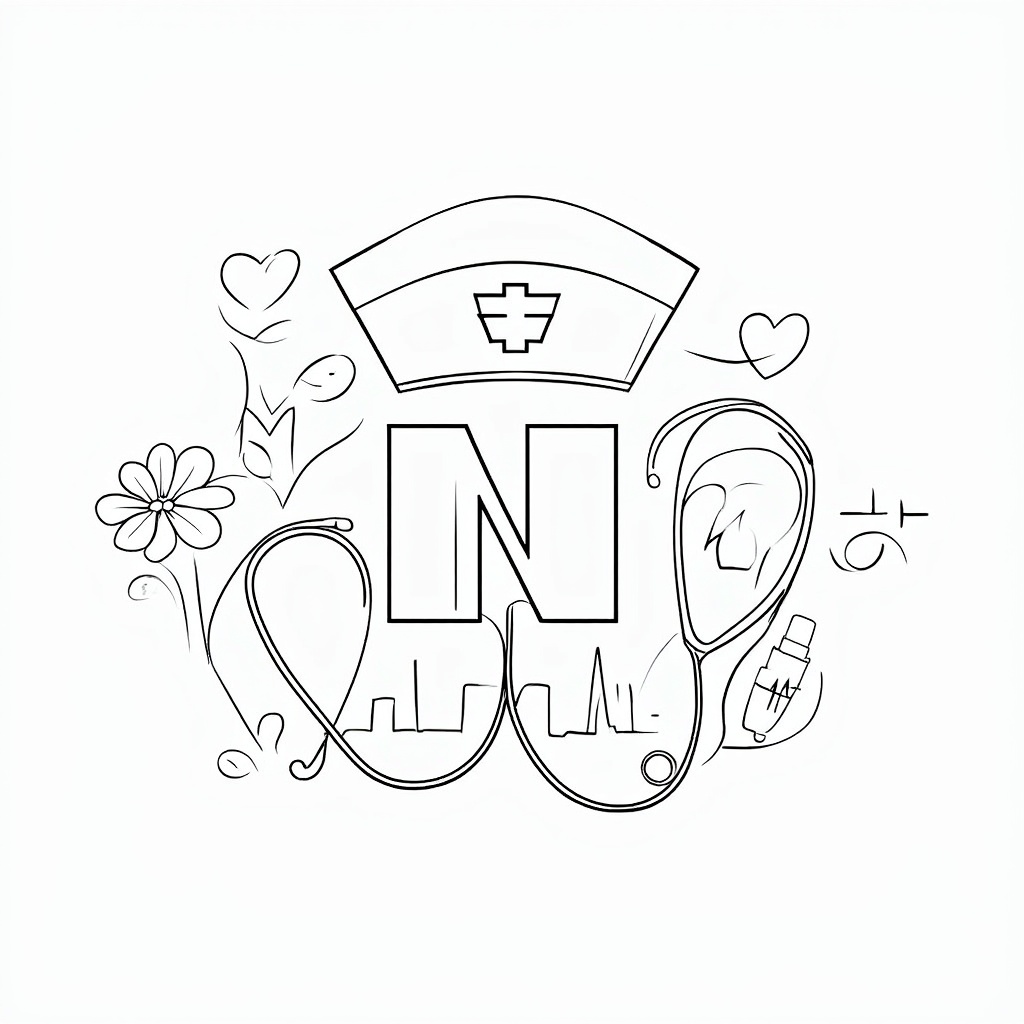 'Nurse's Essentials' collage: Arrange the nurse's cap, a stethoscope (perhaps forming a letter 'N' or 'U'), and a visible heartbeat line in an artistic composition. Include other gentle elements like a single flower, a plus sign, or a small, friendly-looking syringe (toy-like).
