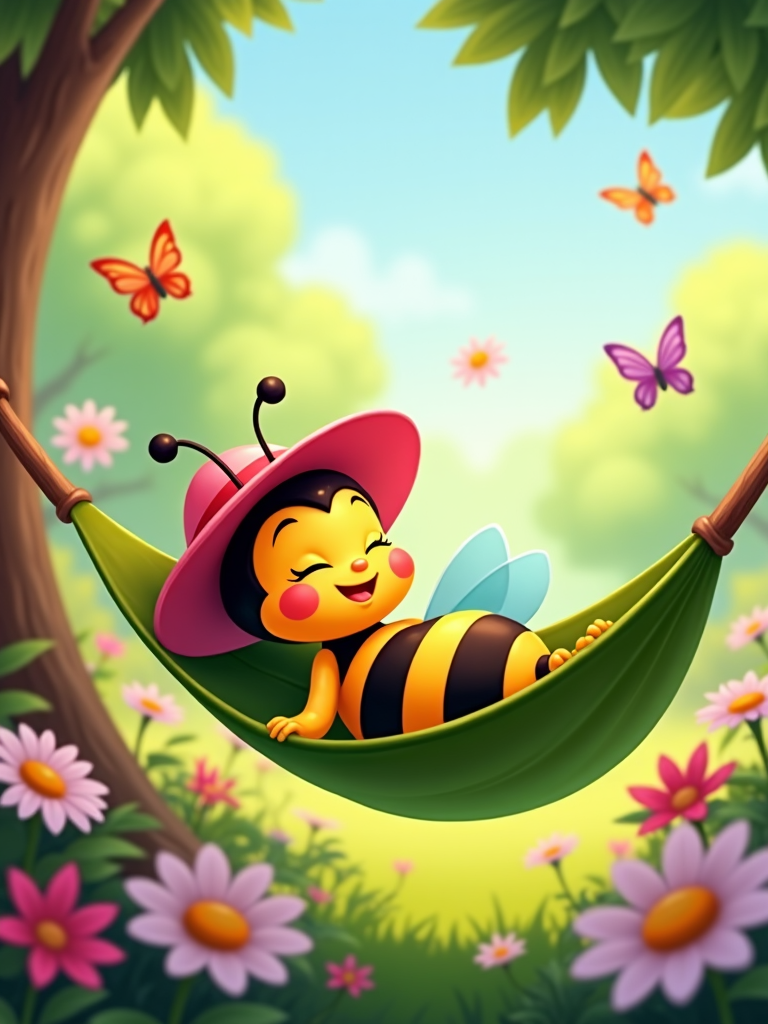 A cartoon bee relaxing on a leaf hammock, wearing a pink sun hat, surrounded by daisies and butterflies.