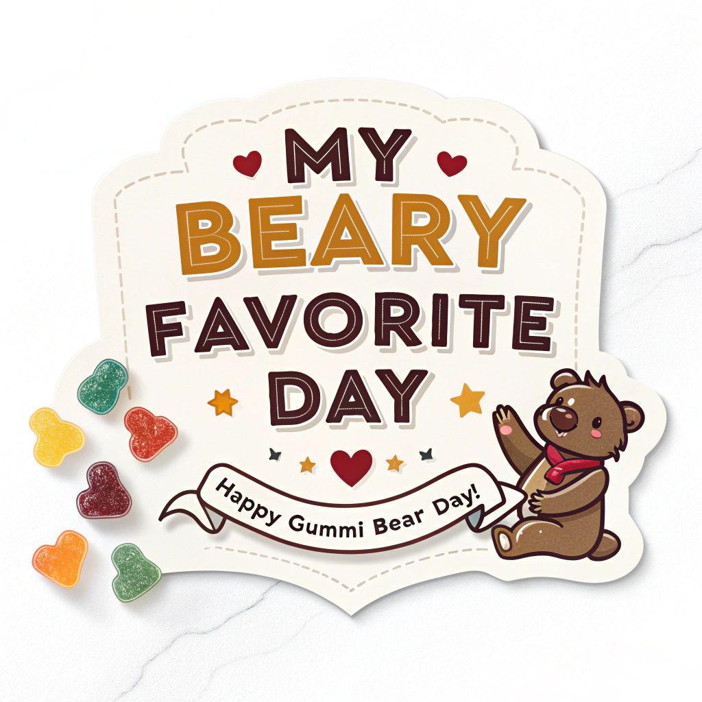 Sub-Design Idea 4: A text-focused design where the words 'My Beary Favorite Day' are prominent in a bold, chewy-looking font. Small gummi bear illustrations could be peeking from behind letters or used as decorative elements. 'Happy Gummi Bear Day!' as a subtitle.