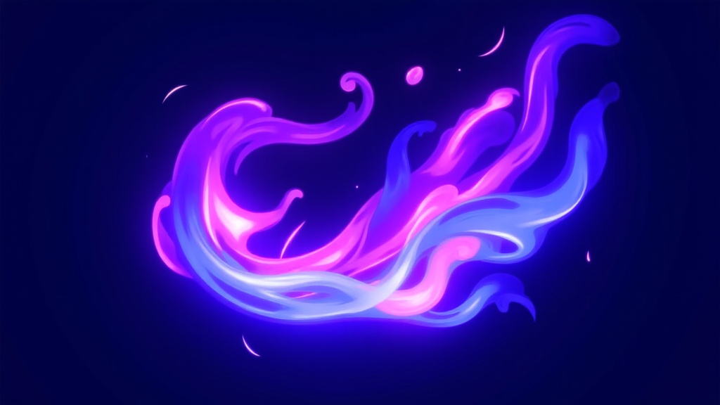 The image is an abstract digital art piece with a dark blue background. In the center of the image, there is a pink and blue wave-like shape that appears to be floating in the air. The wave is made up of curved lines and curves, creating a sense of movement and energy. The colors are vibrant and the overall effect is one of energy and movement. There are small white dots scattered around the wave, adding to the overall dynamic and dynamic feel of the piece.