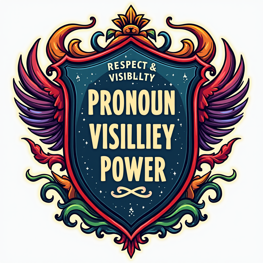 Pronoun Power Shield/Badge: A design featuring a shield, crest, or badge motif that incorporates a chosen set of pronouns prominently. The motto 'Respect & Visibility' or 'Pronoun Power' is integrated into the design of the emblem.