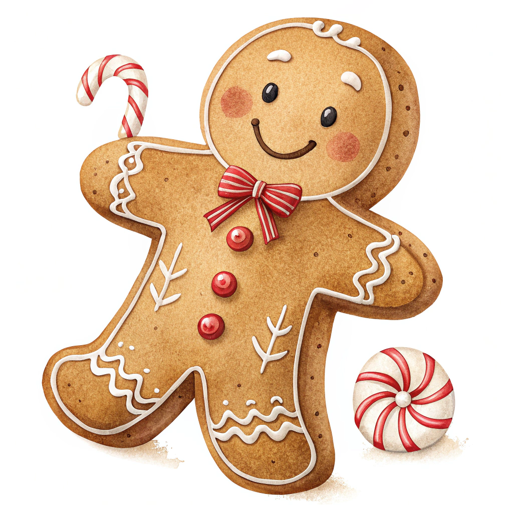 The image shows a painting of a gingerbread man with a candy cane and a ball, set against a white background. The gingerbread is decorated with colorful icing and sprinkles, and the candy cane is a bright red color. The ball is a light brown color and is placed to the right of the gingerbread.