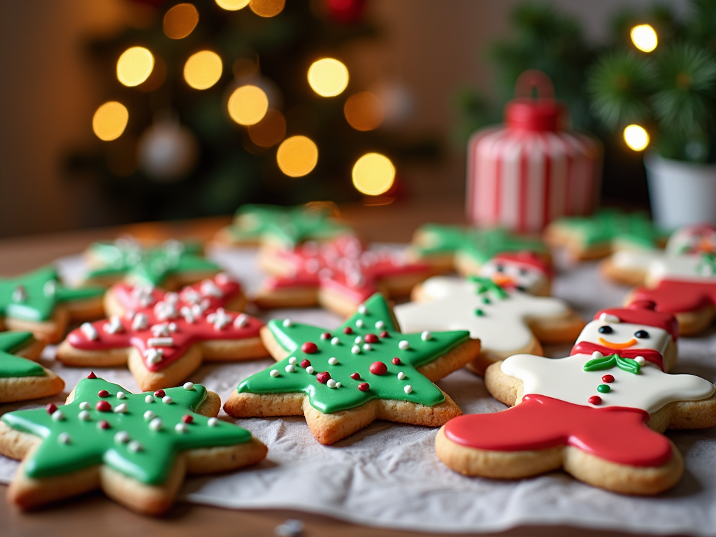  a table covered with a white cloth. On the table, there are several decorated sugar cookies in the shape of Christmas trees. The cookies are in different colors - green, red, and white. Some of the cookies have sprinkles on them, while others have a snowman design. In the background, there is a small Christmas tree with lights and a red and white striped ornament. The overall mood of the image is festive and cheerful.