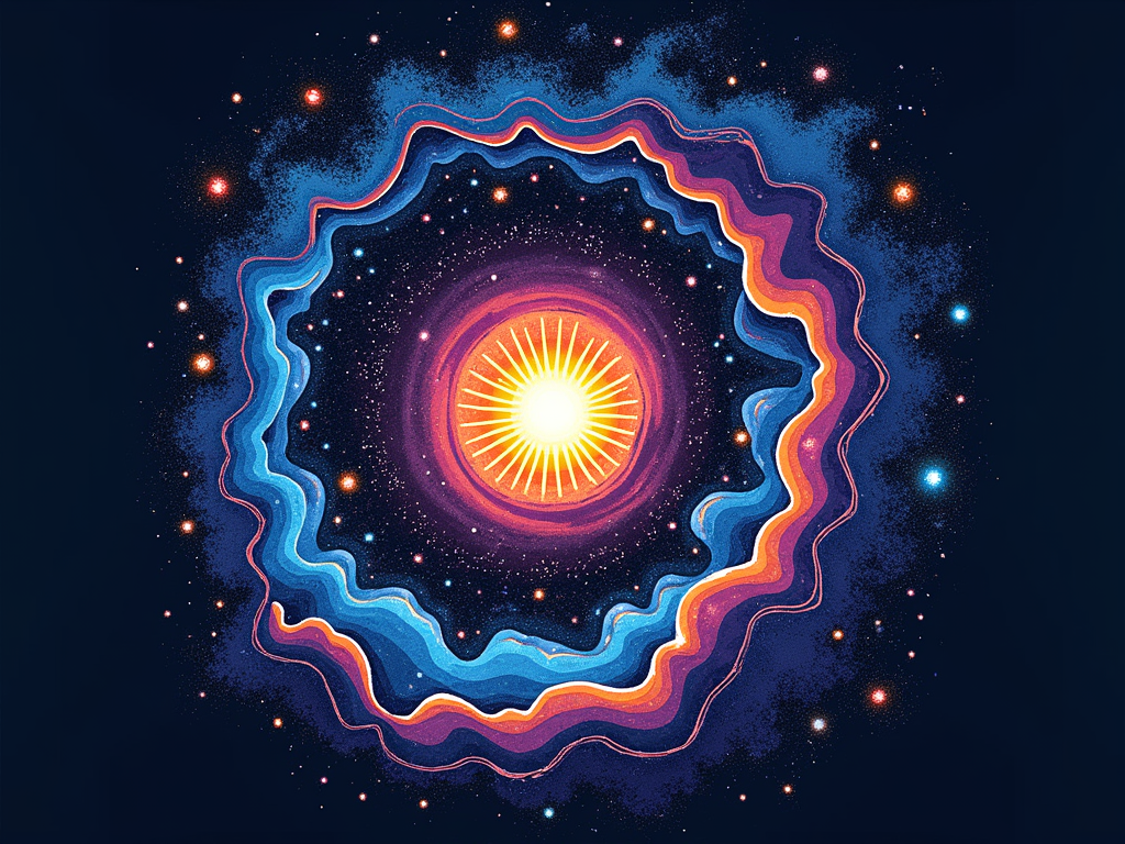Soundwave Galaxy Core: A spiral galaxy design where the arms are formed by stylized soundwaves. Kendrick and SZA are represented as two bright entities or stars at the galaxy's core, emitting light and energy. The theme 'Cosmic Collision: Sound & Soul' integrated within the galactic imagery.