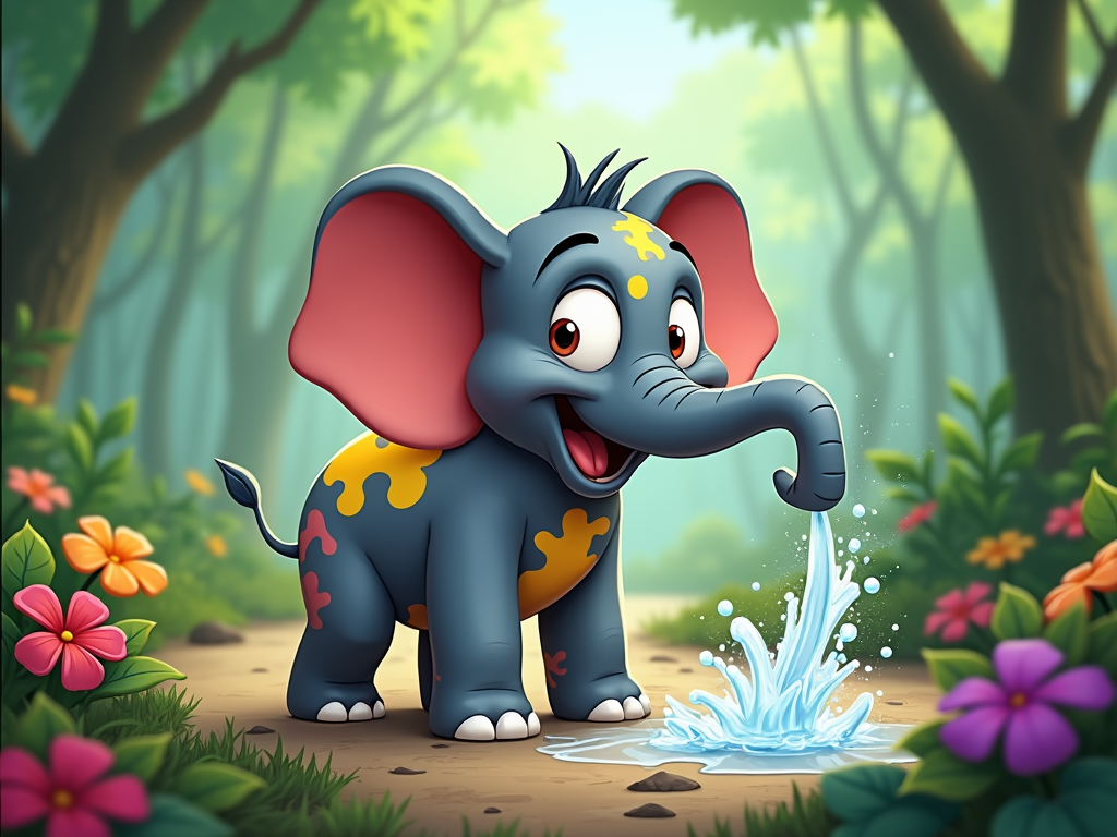 A cartoon elephant named Patches with bright, mismatched patches all over its body, engaged in harmless pranks like tripping over its own trunk or accidentally spraying water.