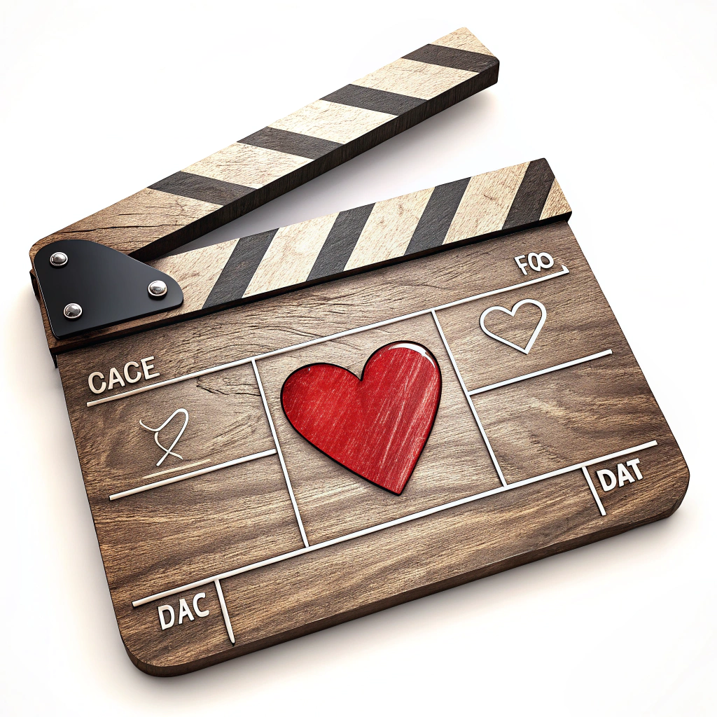 A sticker illustrating a movie clapperboard with a heart symbol instead of the usual information, symbolizing a movie date.