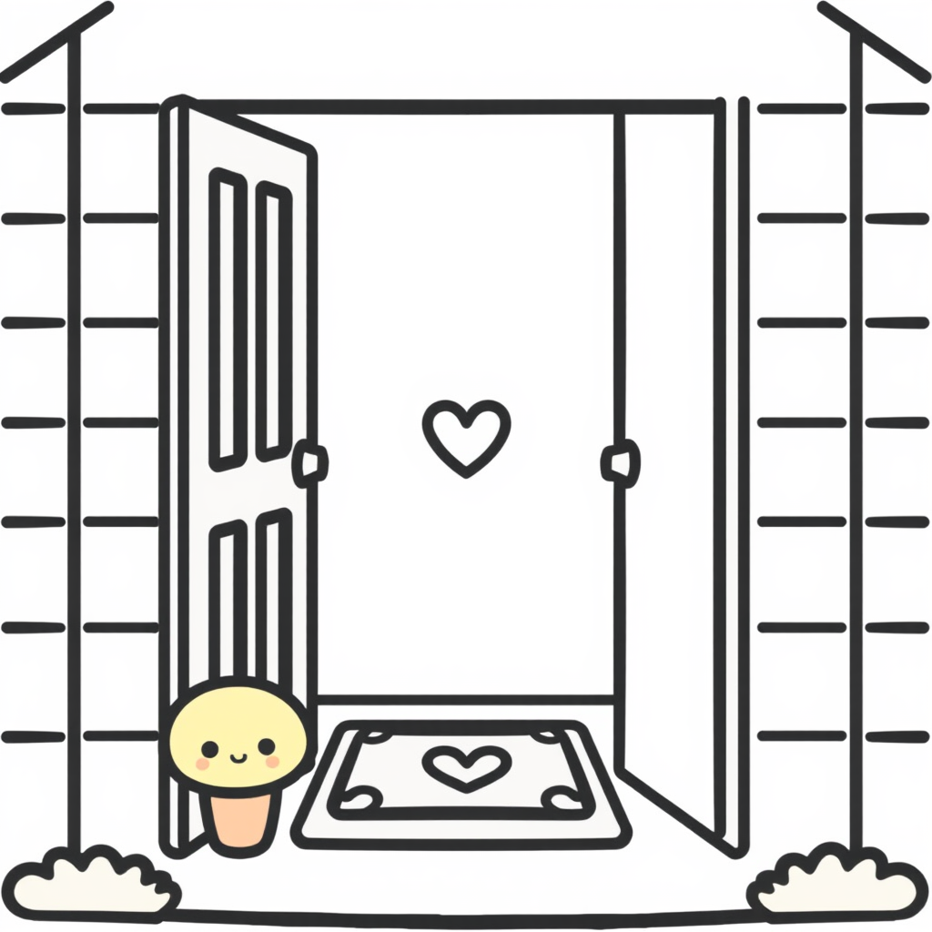 A stylized open doorway with a welcoming mat, where the door handle or a decorative element is a small, subtle heart. The lines of the house are soft and rounded.
