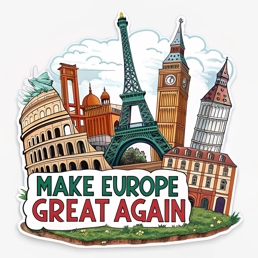 A sticker featuring a collage of famous European landmarks such as the Eiffel Tower, Colosseum, and Big Ben, with the phrase 'Make Europe Great Again' in a bold, stylized font.