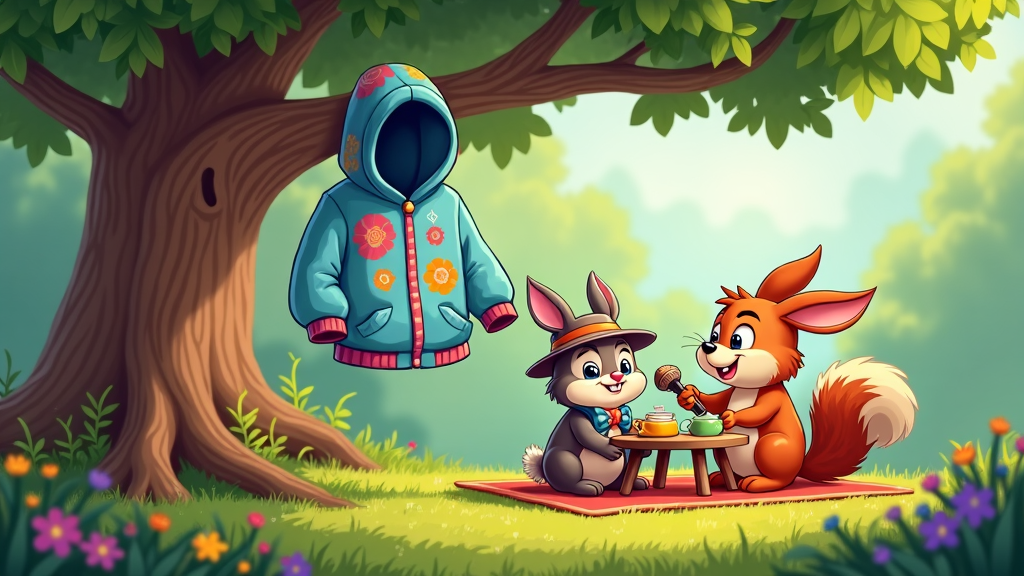 Hoodie hanging on a branch with a quirky cartoon depiction of woodland animals having a picnic.