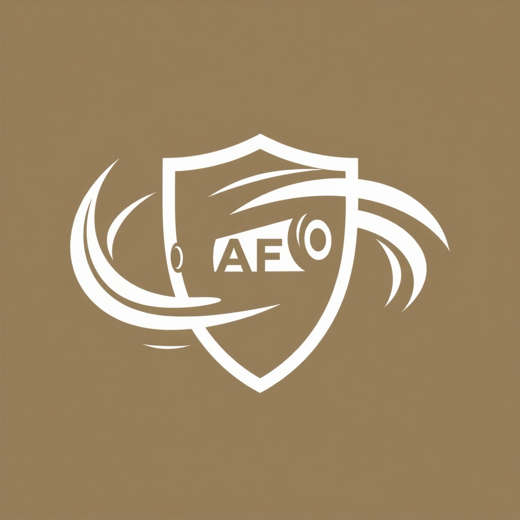 Dynamic Abstract Emblem: An emblem formed from dynamic, flowing lines or abstract shapes that suggest movement and energy. A minimalist cannon or the 'AFC' initials are integrated within this fluid design, breaking away from static shield conventions to represent forward momentum.
