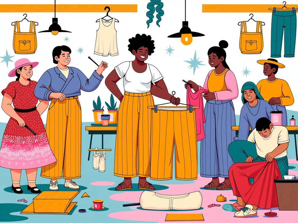 An artwork emphasizing the human aspect of ethical fashion, illustrating diverse artisans working in fair, safe, and transparent conditions, using eco-friendly practices to create textiles.