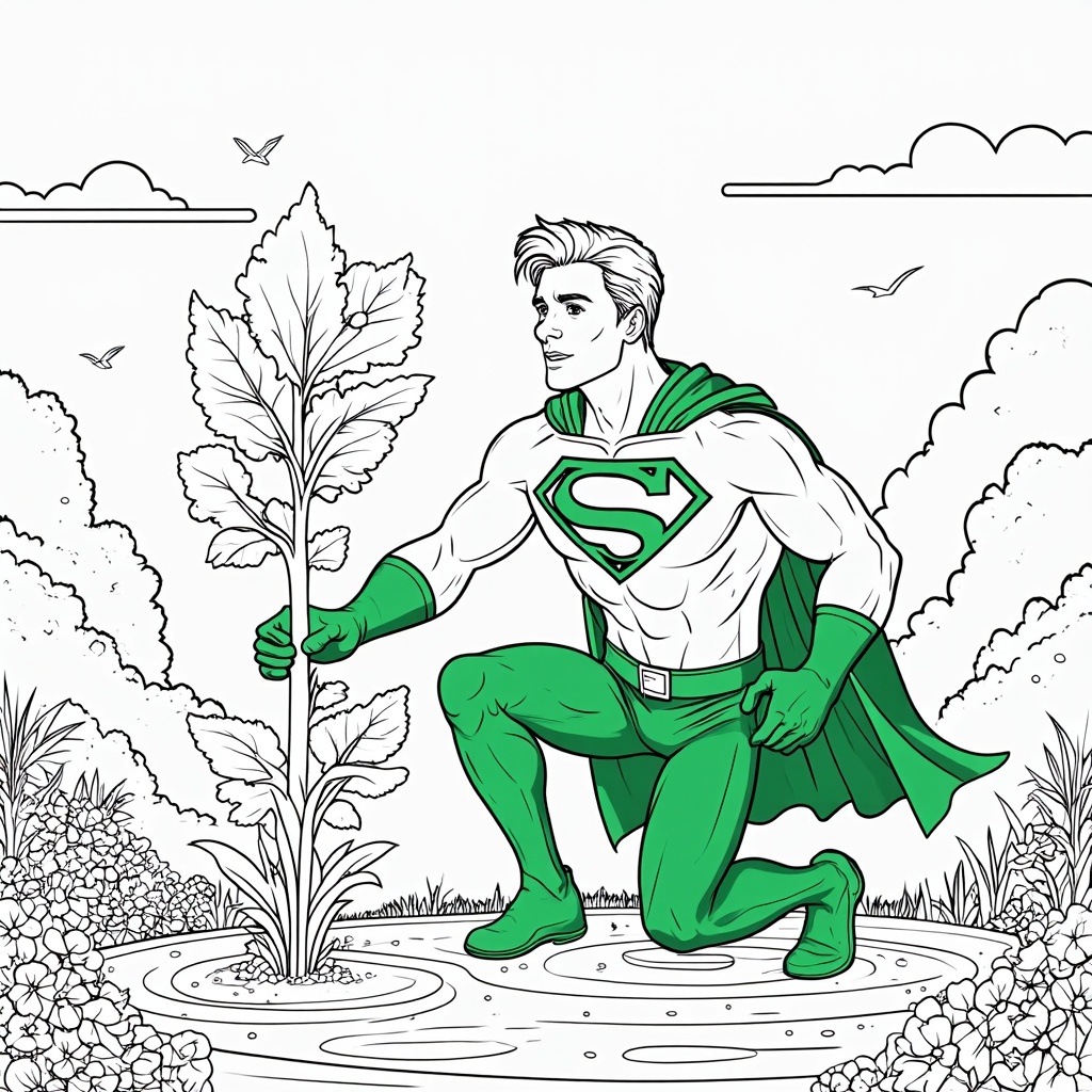 A superhero planting trees and flowers to create a greener environment, showcasing the importance of nature and conservation.
