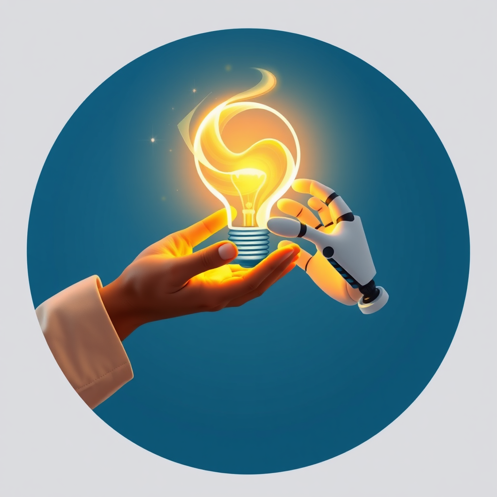 Sub Design Idea 3: A design showing a human hand and a non-human/robotic hand collaboratively shaping or holding a glowing abstract form or a nascent idea (e.g., a stylized lightbulb or a swirling pattern), highlighting co-creation.