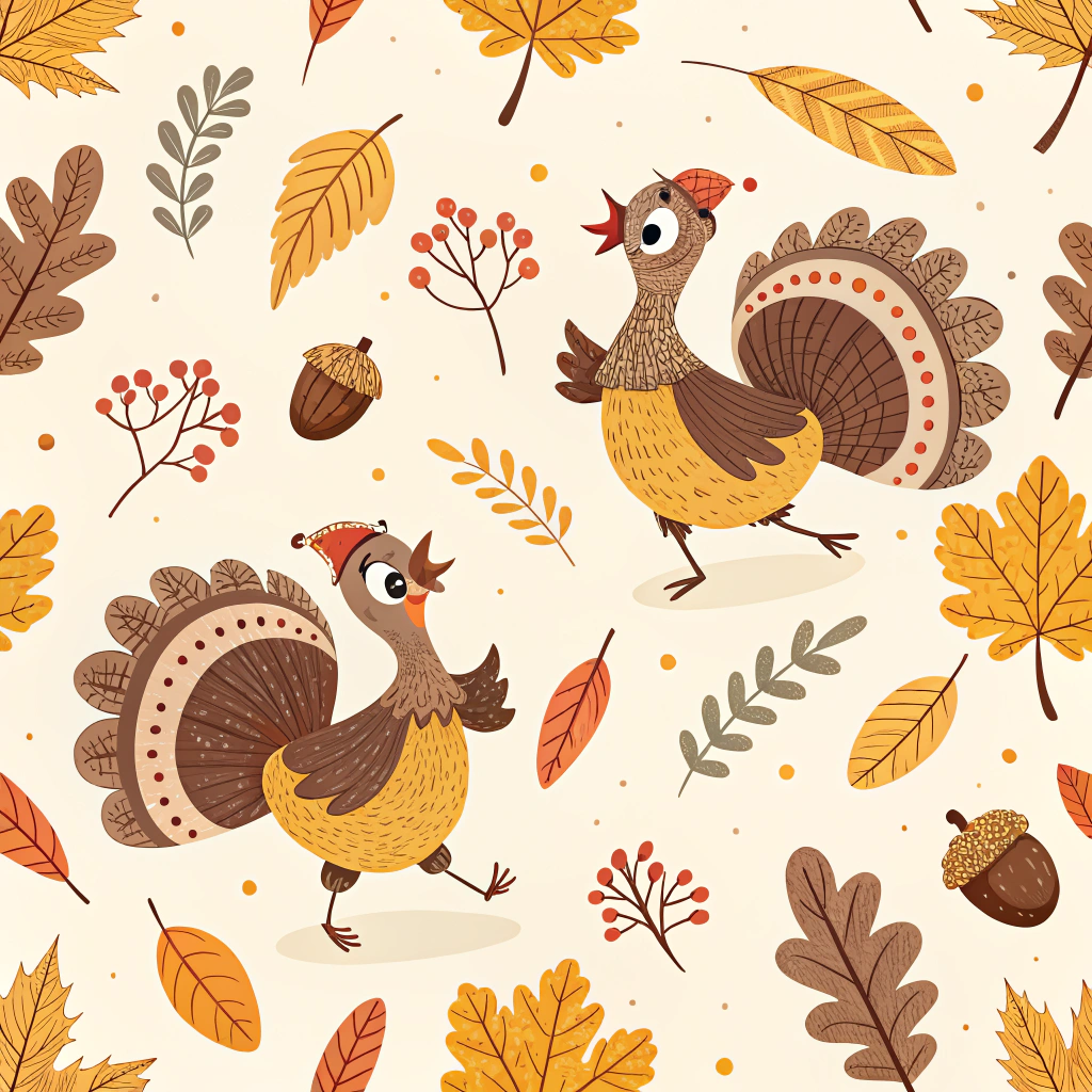 A whimsical Thanksgiving pattern portraying dancing turkeys surrounded by autumn leaves and acorns. The pattern incorporates earthy tones of brown, orange, and mustard against a light cream backdrop, capturing the joy and merriment associated with Thanksgiving gatherings and festivities.